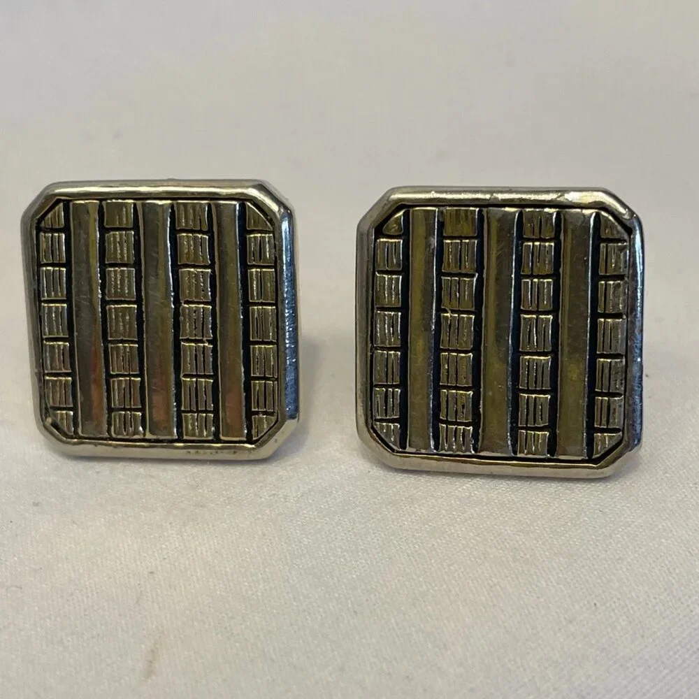 Silver/Gold-tone Rectangular Textured Lined Pattern 7/8 in Cufflinks Vintage
